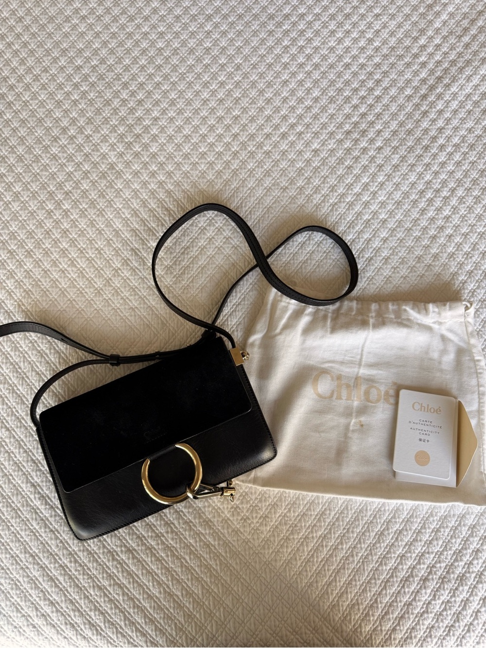 Chloé Faye Black Leather & Suede Crossbody Bag with Gold Ring